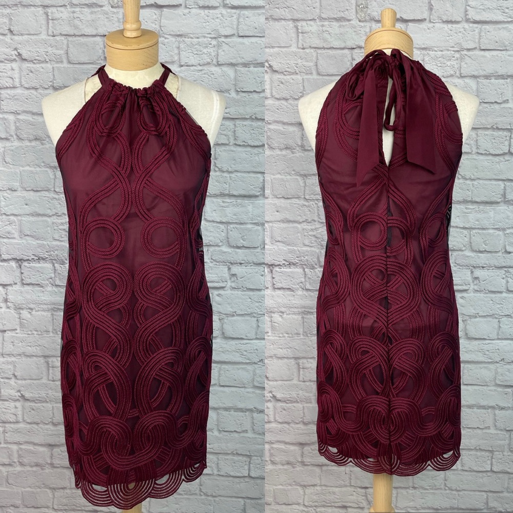 Trina Turk Rancho Maroon Halter Dress with Geometric Mesh Size Small